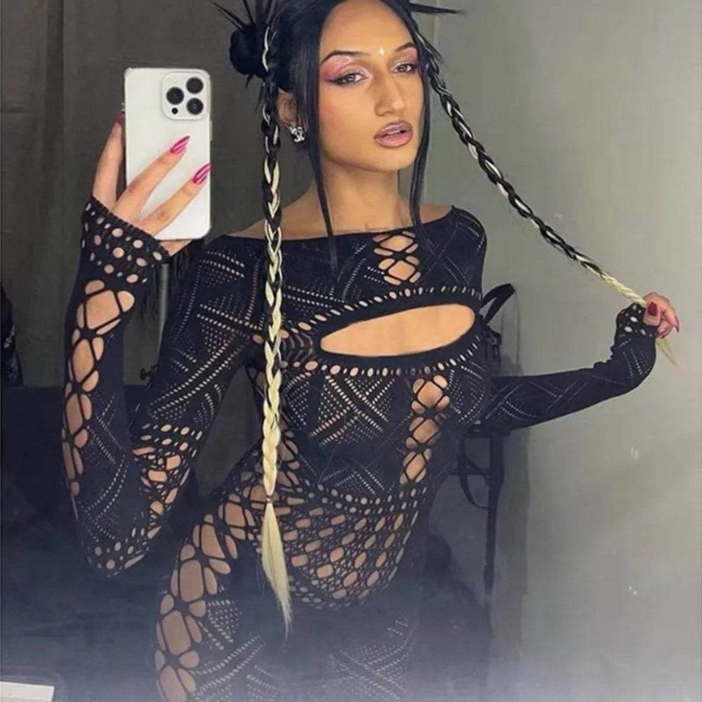 Black Crochet Design Sexy Mesh Cutout Stretchy Romper/Bodysuit